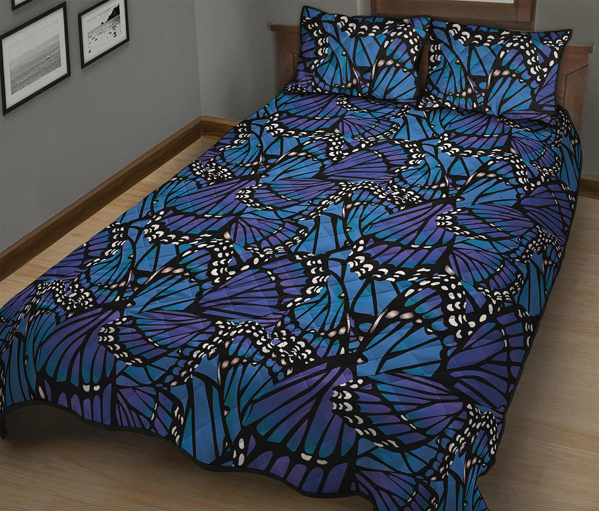 Blue Monarch Butterfly Wings Print Quilt Bed Set