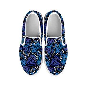 Blue Monarch Butterfly Wings Print White Slip On Shoes