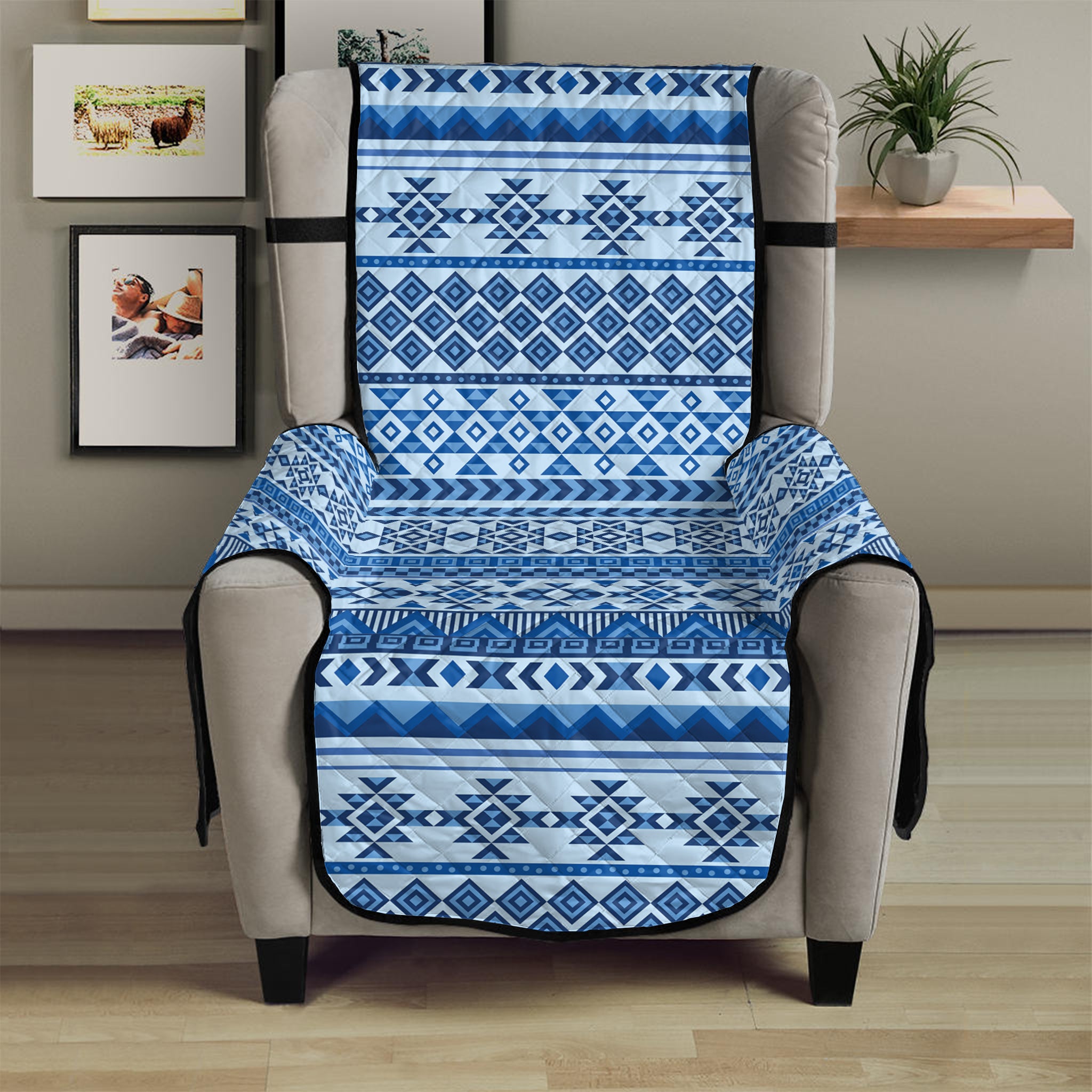 Blue Native American Aztec Pattern Print Armchair Protector