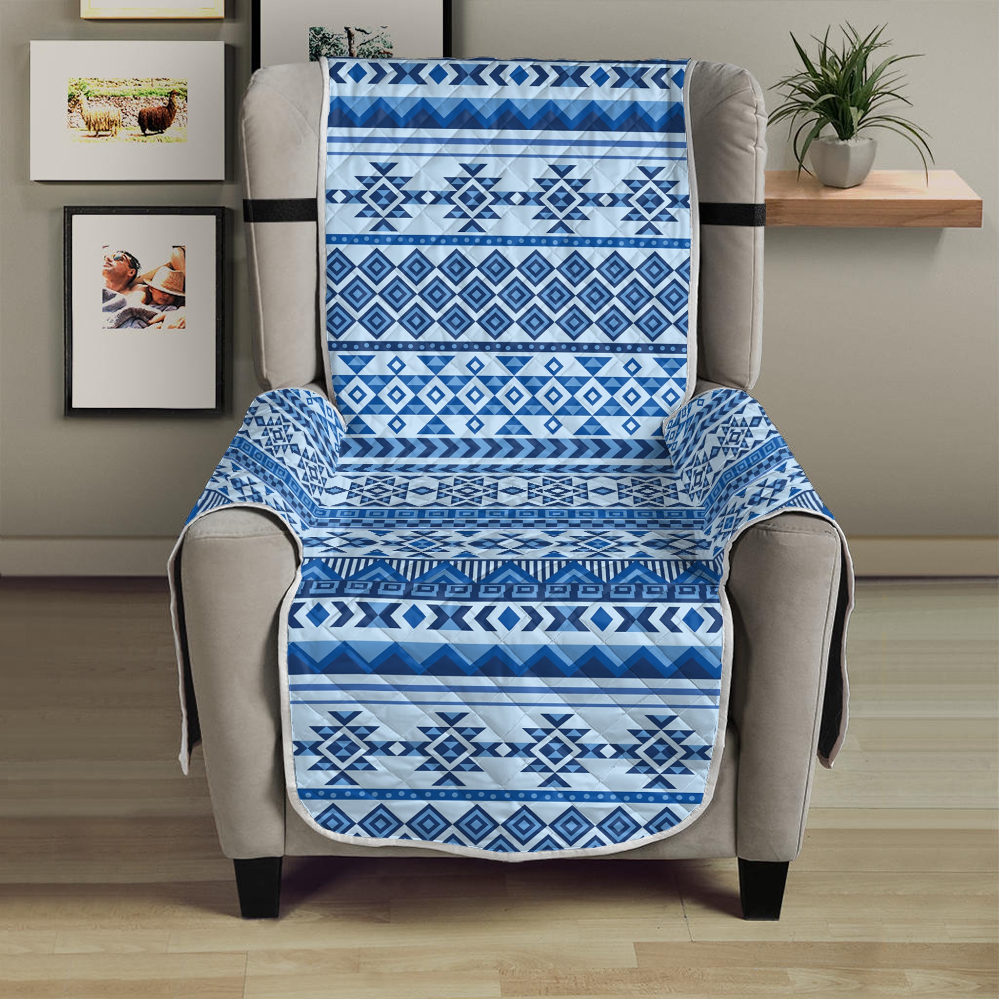 Blue Native American Aztec Pattern Print Armchair Protector