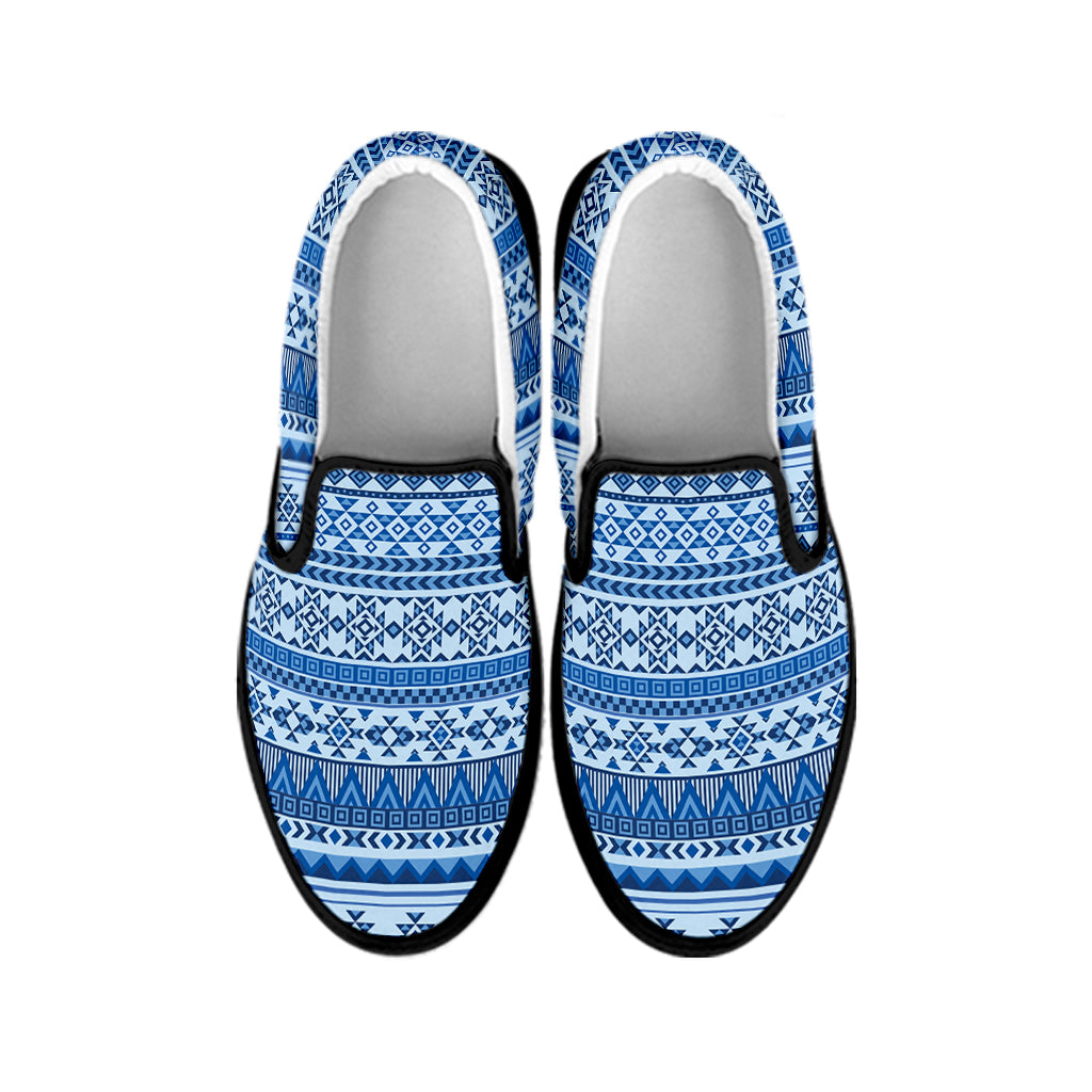 Blue Native American Aztec Pattern Print Black Slip On Shoes