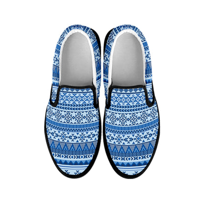 Blue Native American Aztec Pattern Print Black Slip On Shoes
