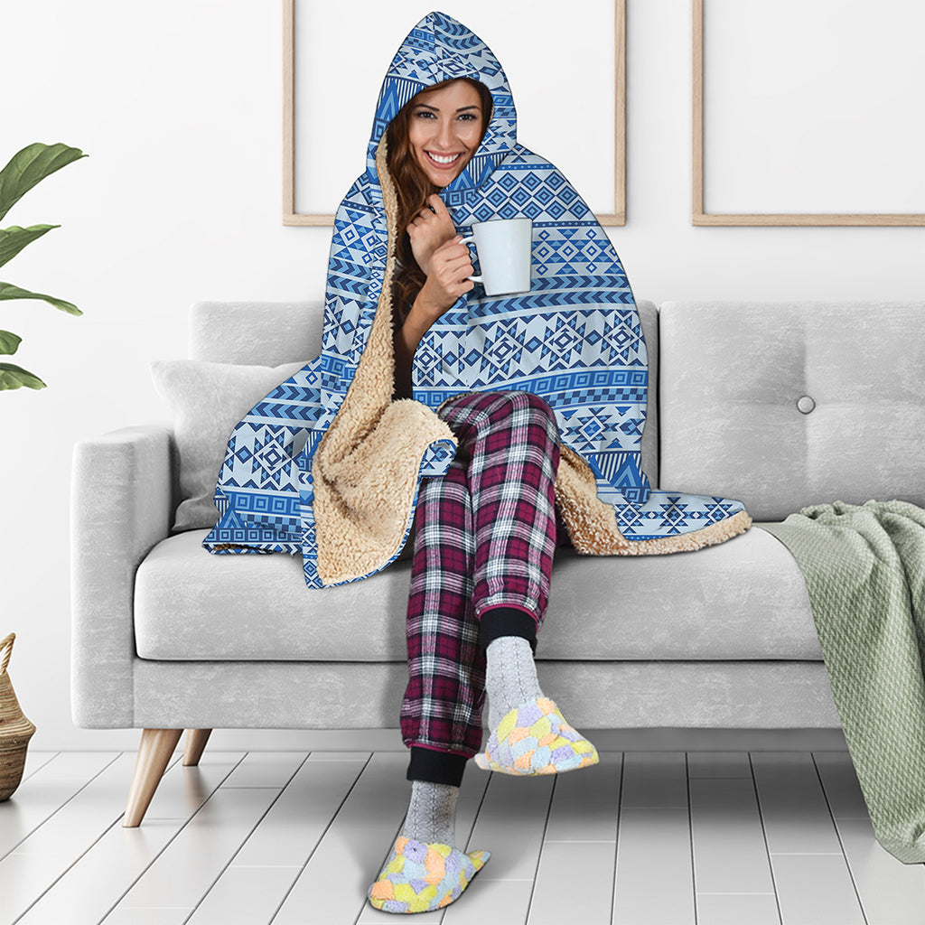 Blue Native American Aztec Pattern Print Hooded Blanket
