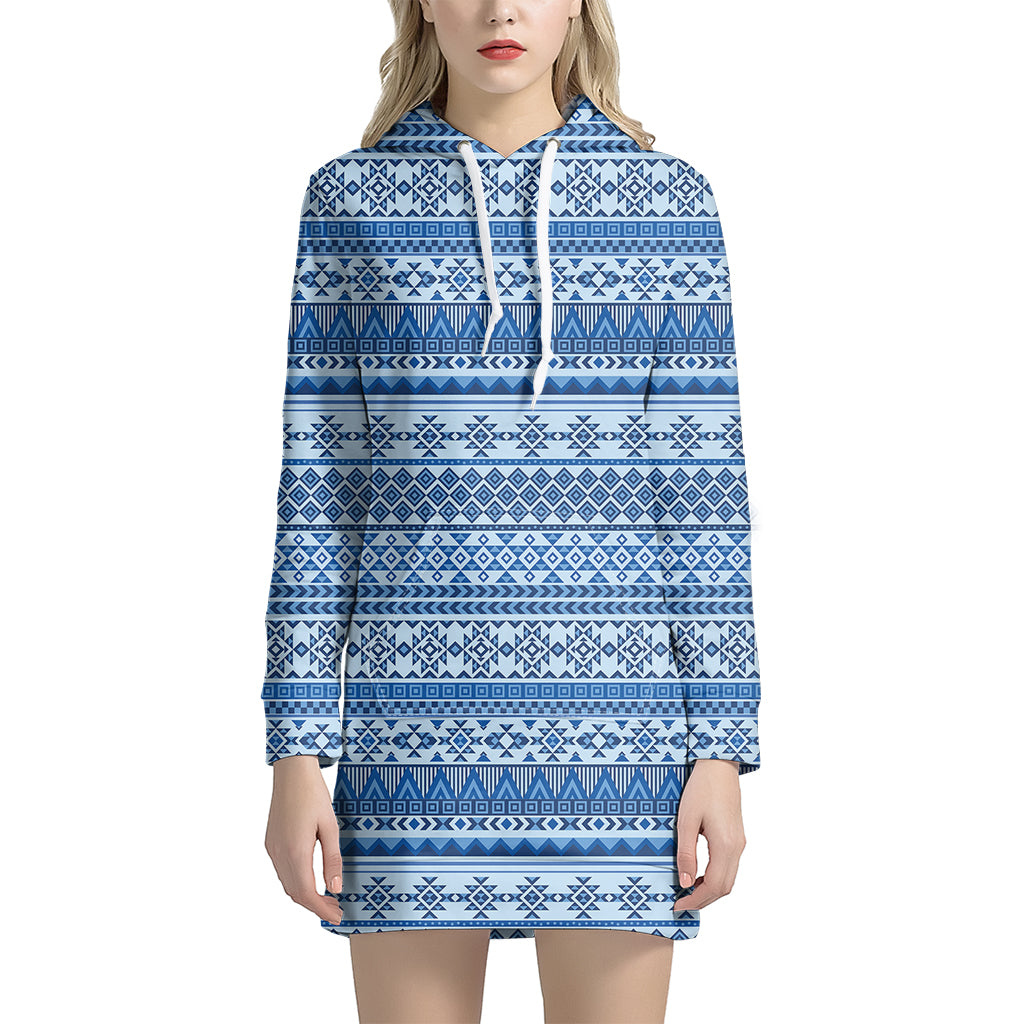 Blue Native American Aztec Pattern Print Hoodie Dress