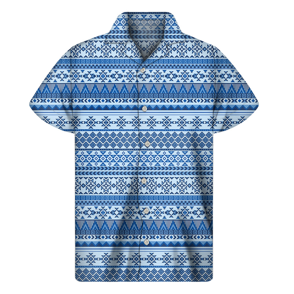 Blue Native American Aztec Pattern Print Men's Short Sleeve Shirt