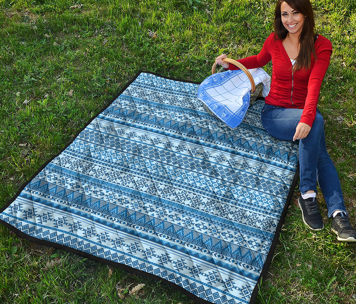 Blue Native American Aztec Pattern Print Quilt