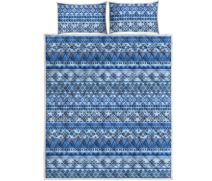 Blue Native American Aztec Pattern Print Quilt Bed Set