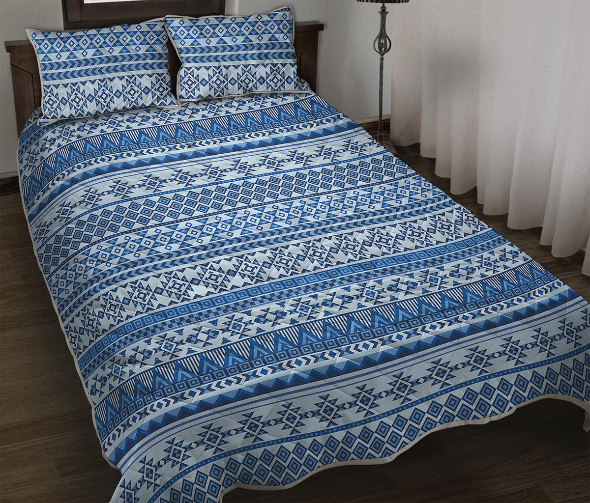 Blue Native American Aztec Pattern Print Quilt Bed Set