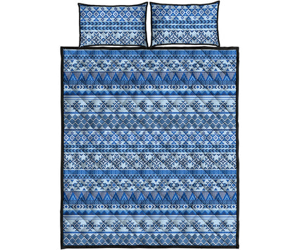 Blue Native American Aztec Pattern Print Quilt Bed Set