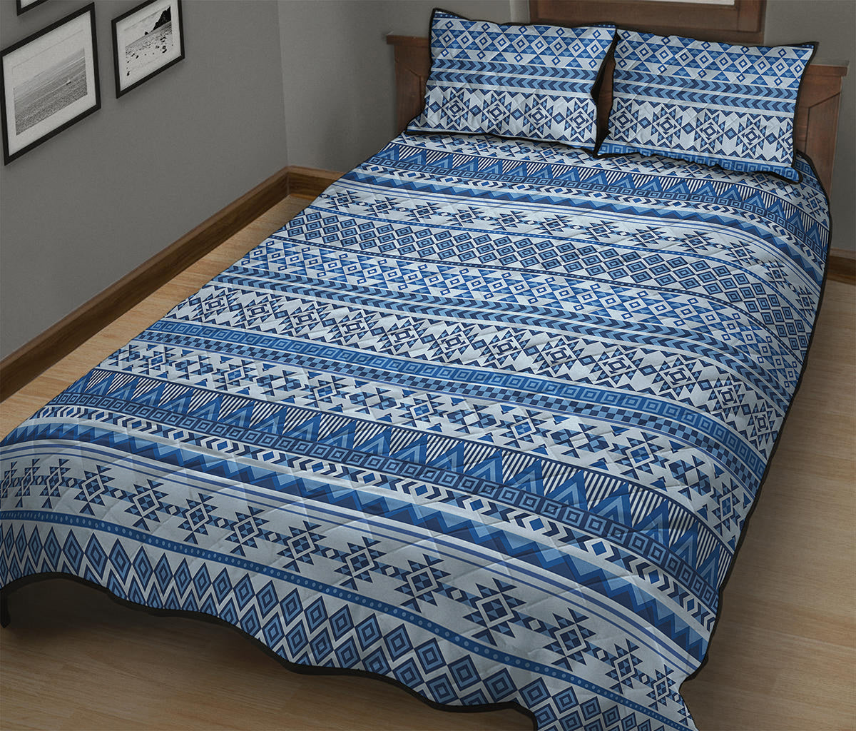 Blue Native American Aztec Pattern Print Quilt Bed Set