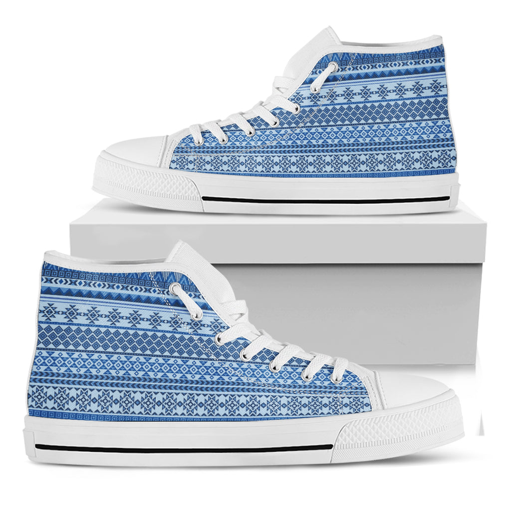 Blue Native American Aztec Pattern Print White High Top Shoes