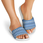 Blue Native American Aztec Pattern Print White Slide Sandals