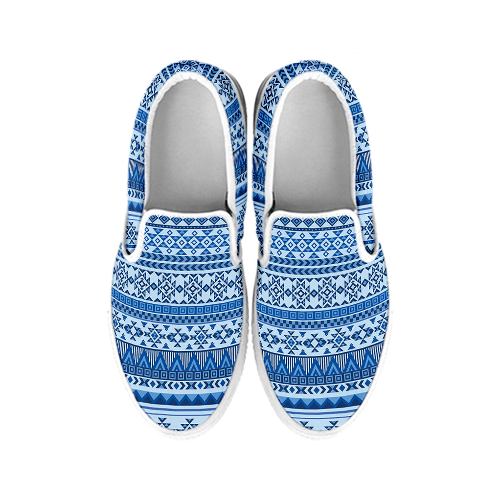 Blue Native American Aztec Pattern Print White Slip On Shoes