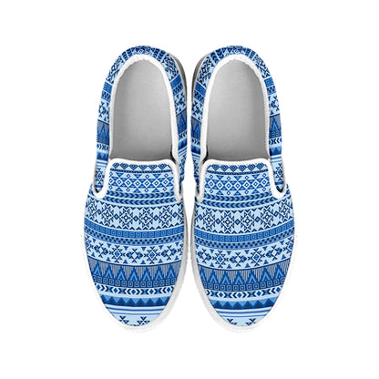 Blue Native American Aztec Pattern Print White Slip On Shoes