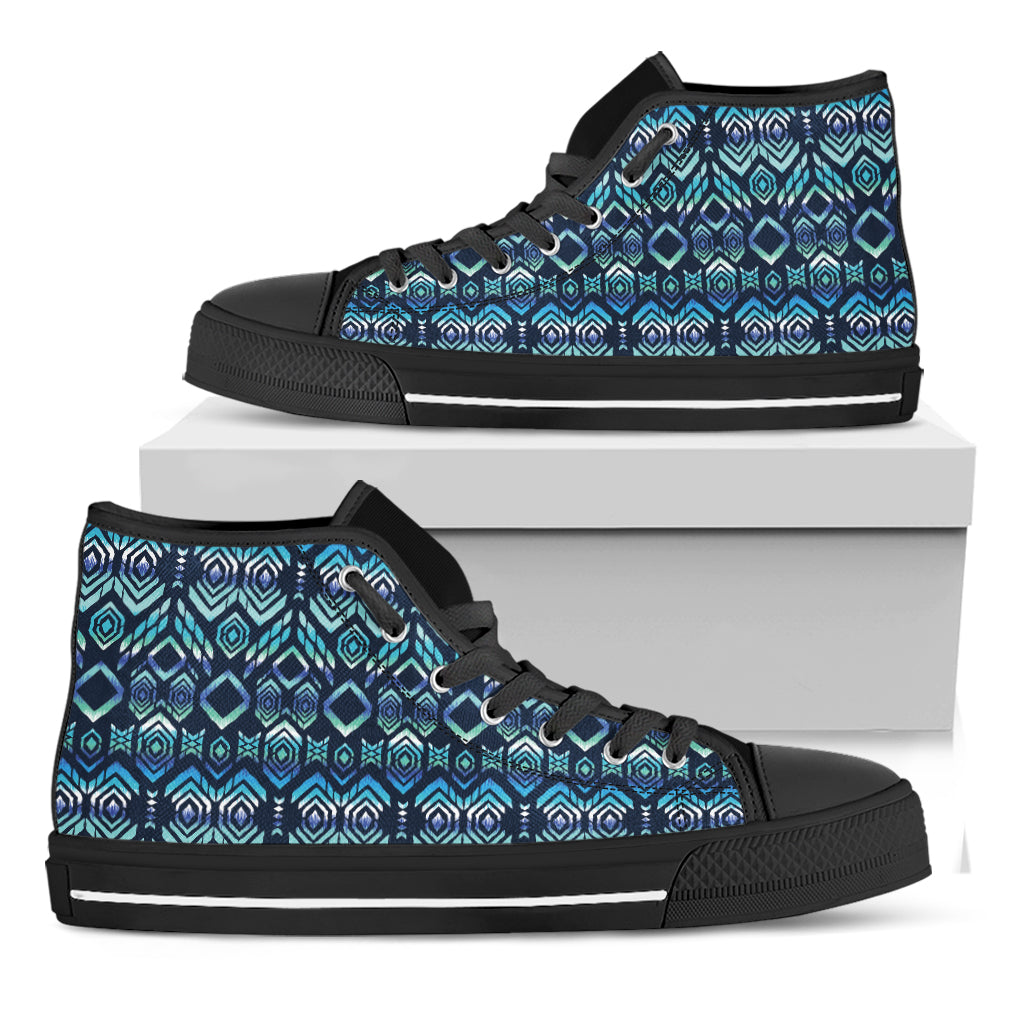Blue Native Aztec Tribal Pattern Print Black High Top Shoes