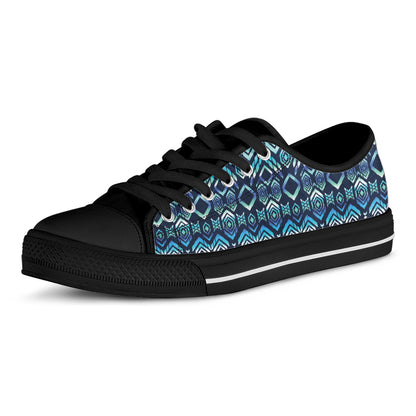 Blue Native Aztec Tribal Pattern Print Black Low Top Shoes