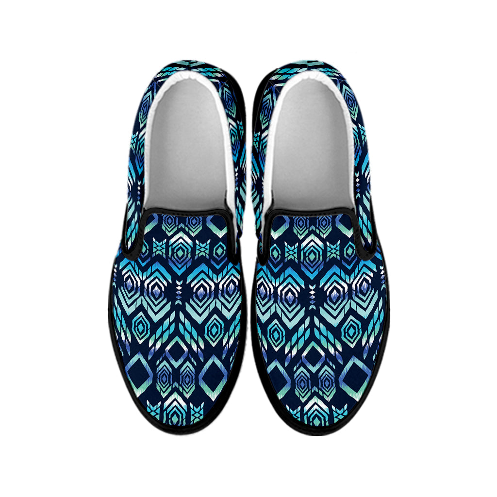 Blue Native Aztec Tribal Pattern Print Black Slip On Shoes