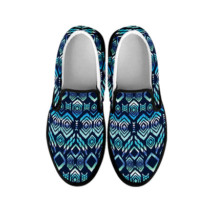 Blue Native Aztec Tribal Pattern Print Black Slip On Shoes