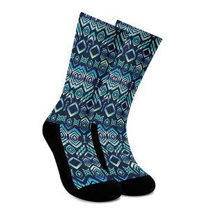 Blue Native Aztec Tribal Pattern Print Crew Socks