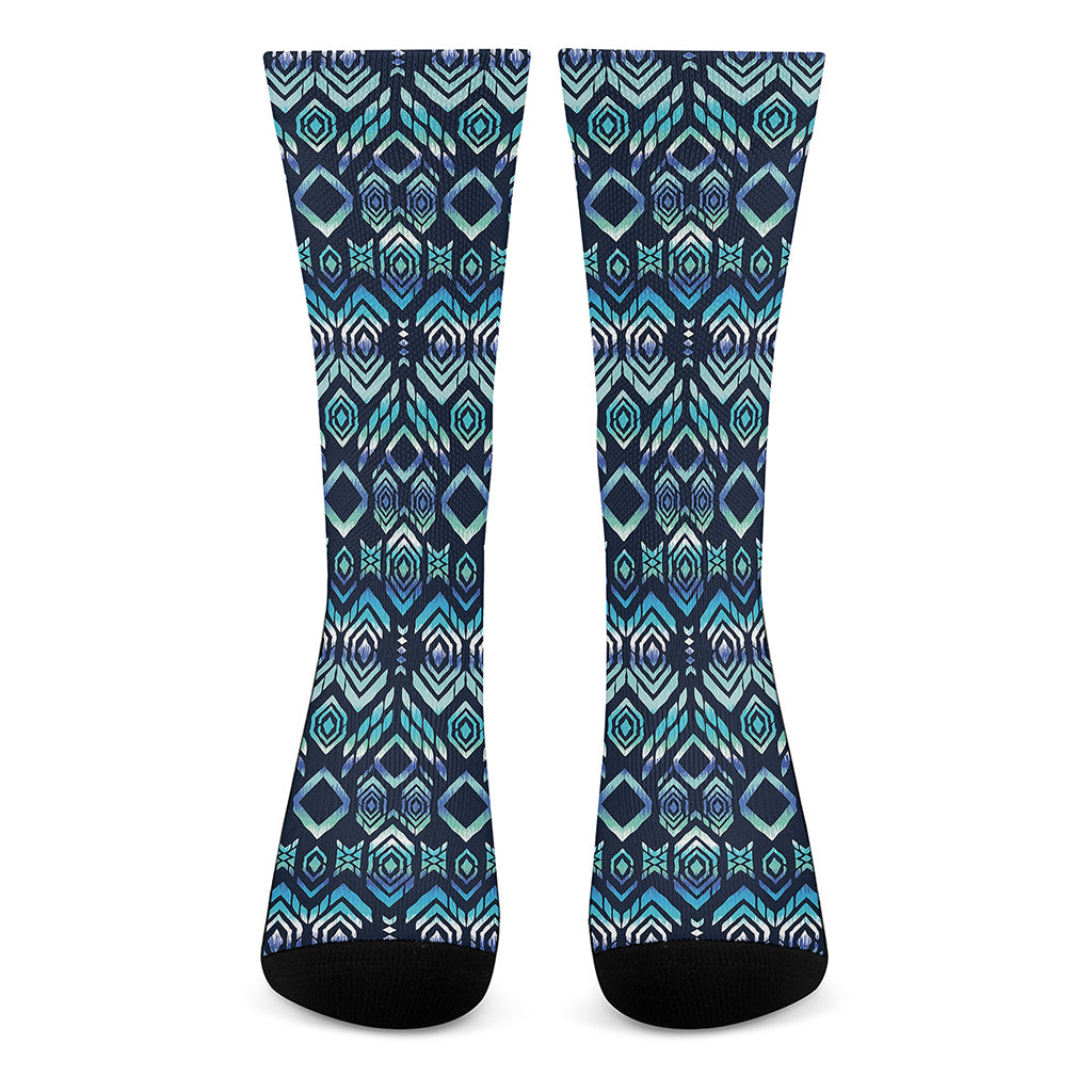 Blue Native Aztec Tribal Pattern Print Crew Socks