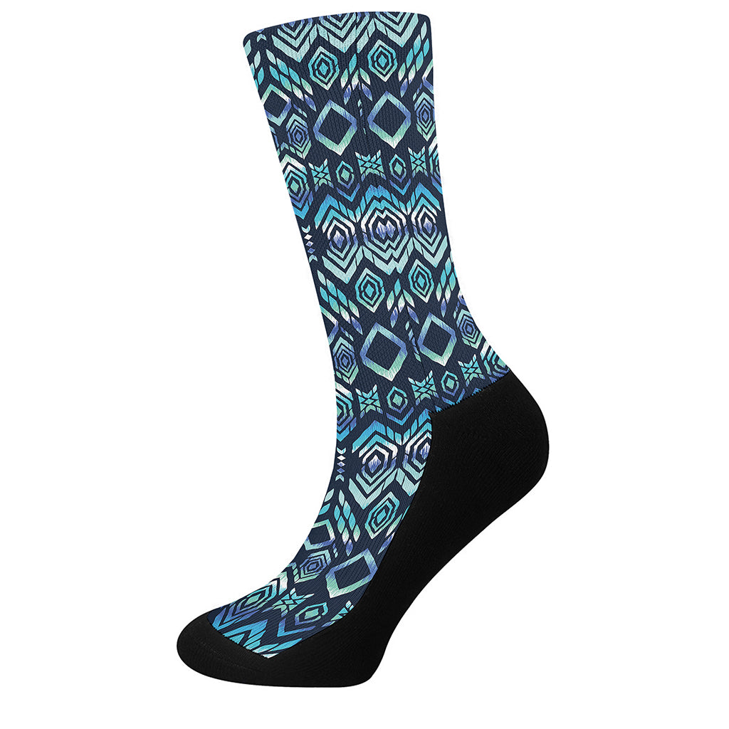 Blue Native Aztec Tribal Pattern Print Crew Socks