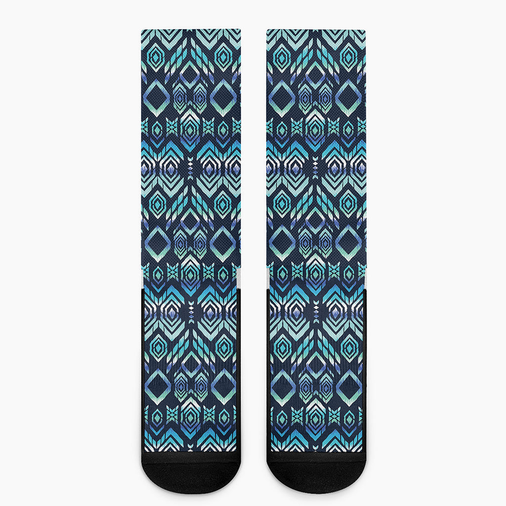 Blue Native Aztec Tribal Pattern Print Crew Socks