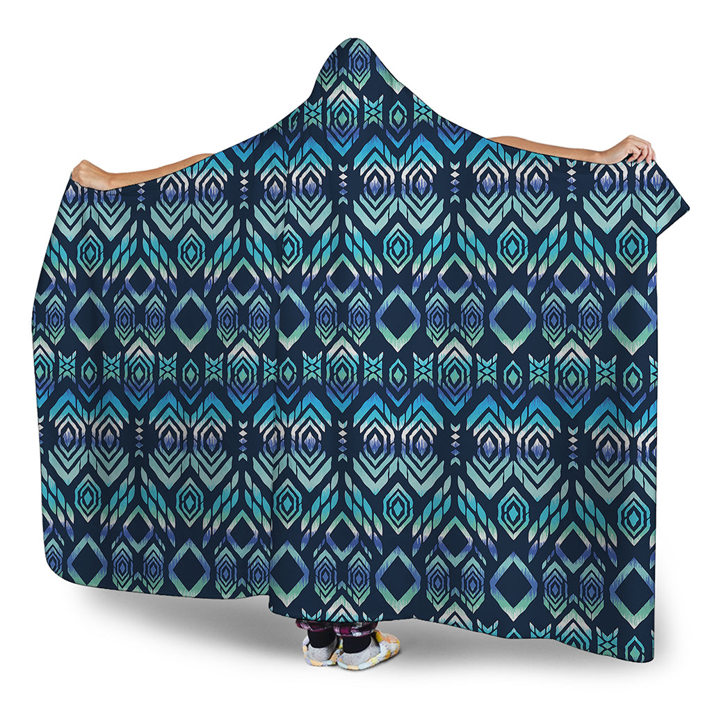 Blue Native Aztec Tribal Pattern Print Hooded Blanket