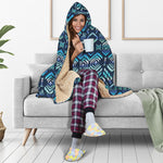 Blue Native Aztec Tribal Pattern Print Hooded Blanket