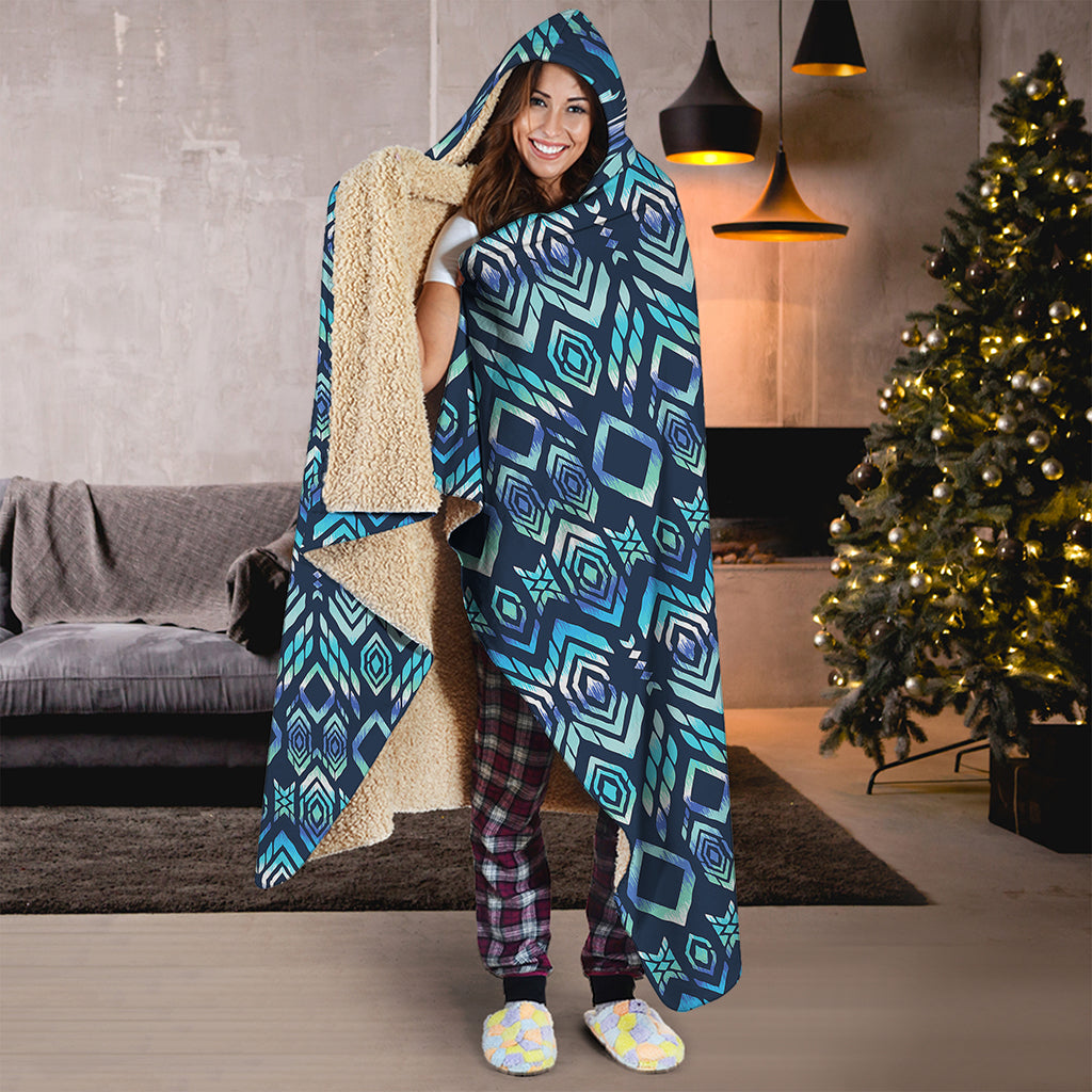 Blue Native Aztec Tribal Pattern Print Hooded Blanket