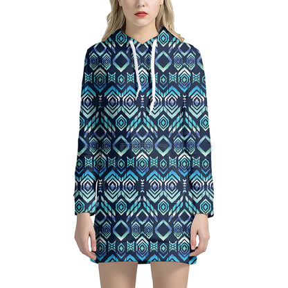 Blue Native Aztec Tribal Pattern Print Hoodie Dress