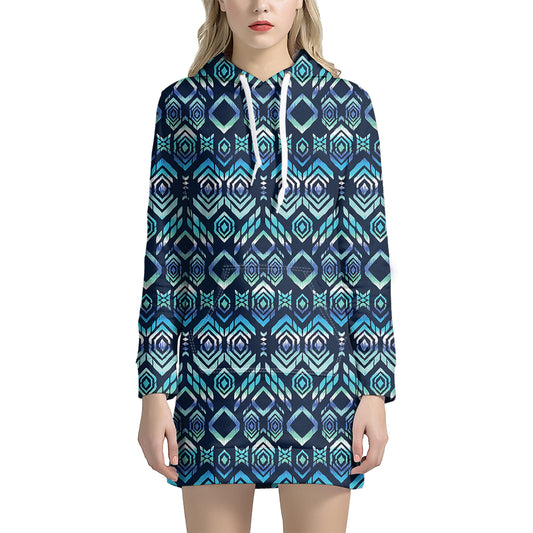 Blue Native Aztec Tribal Pattern Print Hoodie Dress
