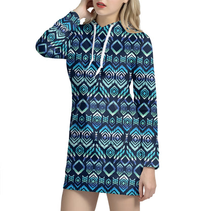 Blue Native Aztec Tribal Pattern Print Hoodie Dress