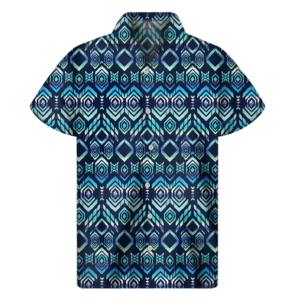 Blue Native Aztec Tribal Pattern Print Men's Short Sleeve Shirt