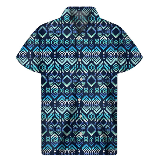 Blue Native Aztec Tribal Pattern Print Men's Short Sleeve Shirt