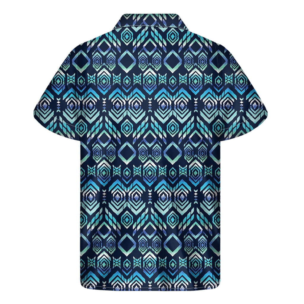 Blue Native Aztec Tribal Pattern Print Men's Short Sleeve Shirt