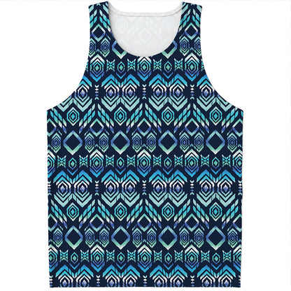Blue Native Aztec Tribal Pattern Print Men's Tank Top