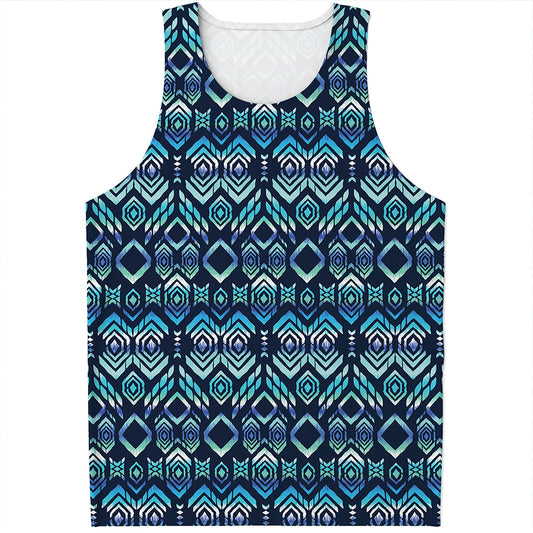 Blue Native Aztec Tribal Pattern Print Men's Tank Top