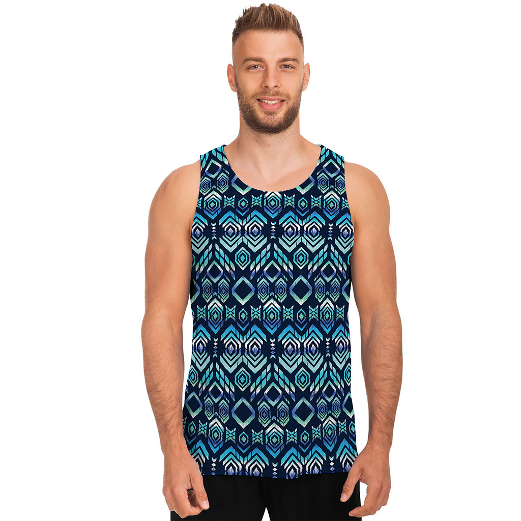 Blue Native Aztec Tribal Pattern Print Men's Tank Top
