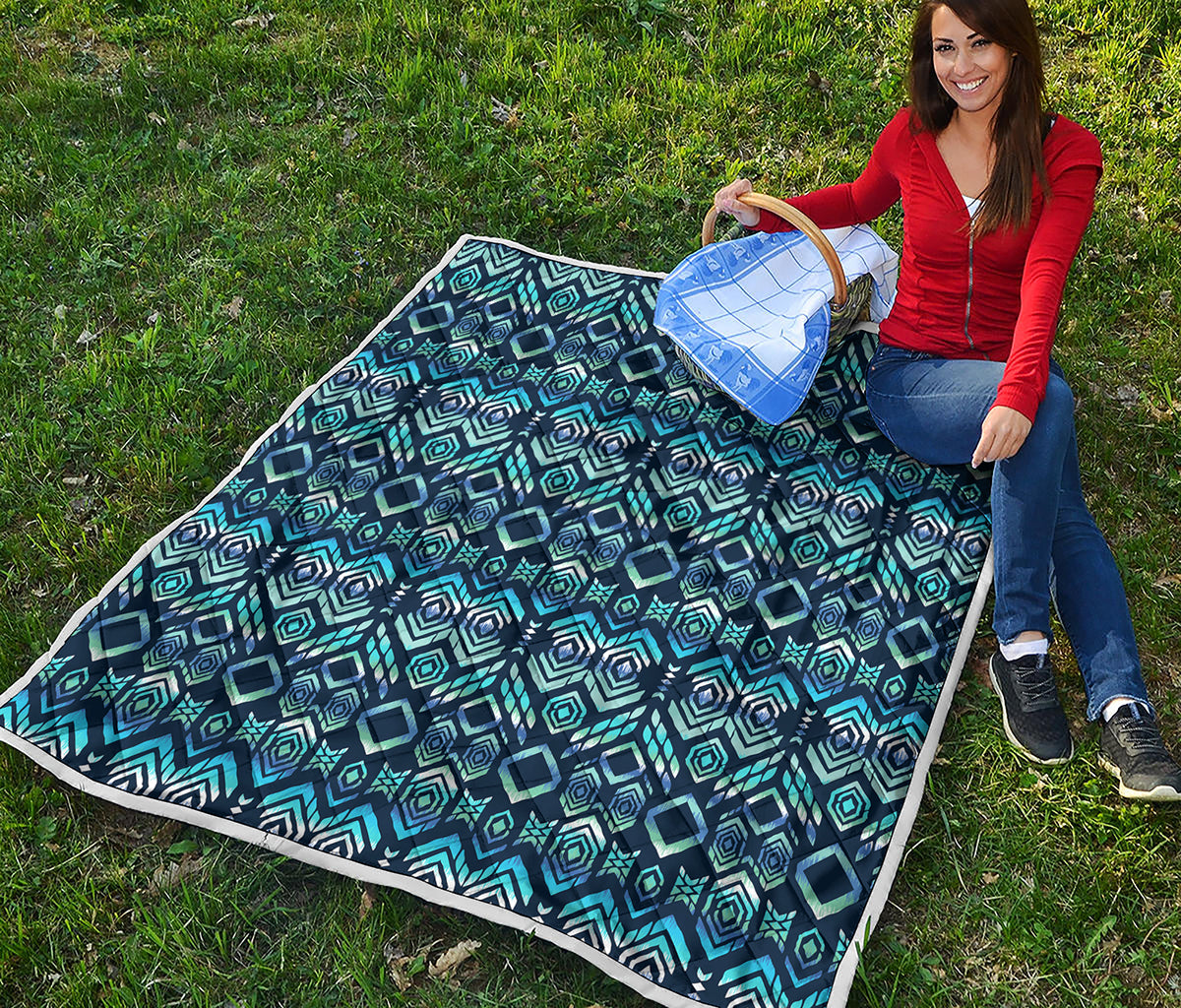 Blue Native Aztec Tribal Pattern Print Quilt