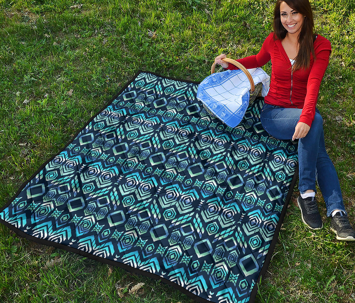 Blue Native Aztec Tribal Pattern Print Quilt