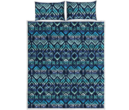 Blue Native Aztec Tribal Pattern Print Quilt Bed Set