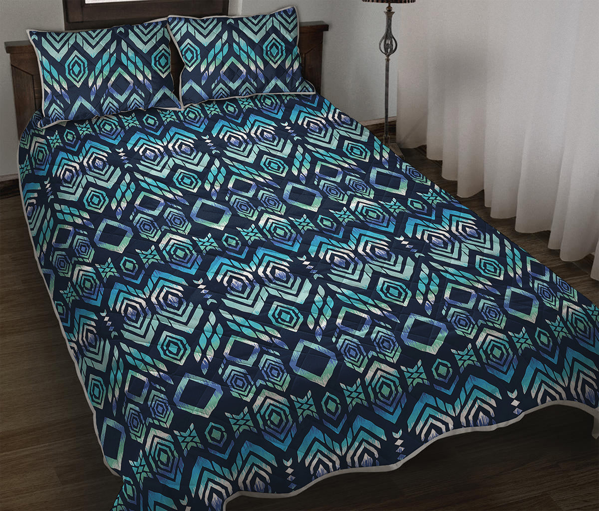 Blue Native Aztec Tribal Pattern Print Quilt Bed Set
