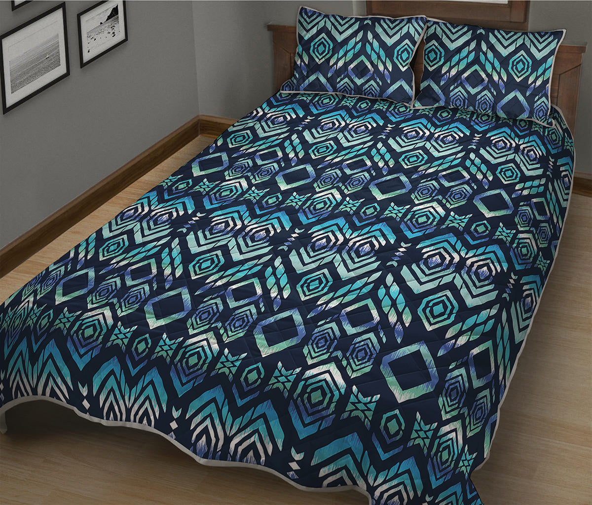 Blue Native Aztec Tribal Pattern Print Quilt Bed Set