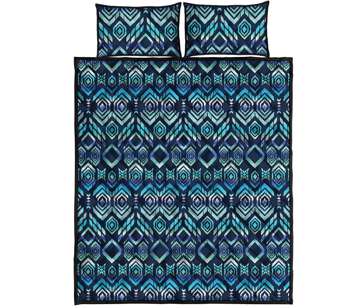 Blue Native Aztec Tribal Pattern Print Quilt Bed Set