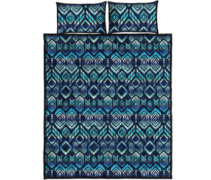 Blue Native Aztec Tribal Pattern Print Quilt Bed Set