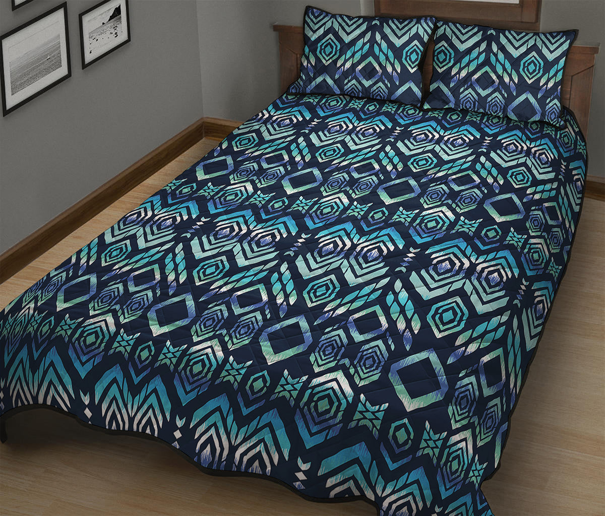 Blue Native Aztec Tribal Pattern Print Quilt Bed Set