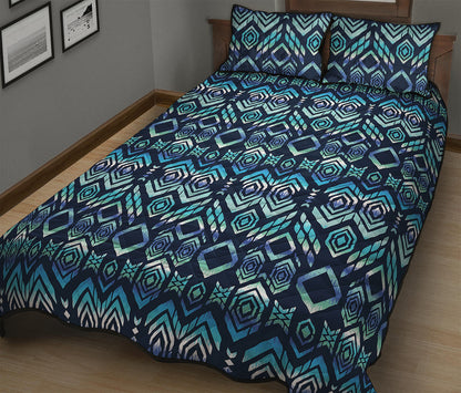 Blue Native Aztec Tribal Pattern Print Quilt Bed Set