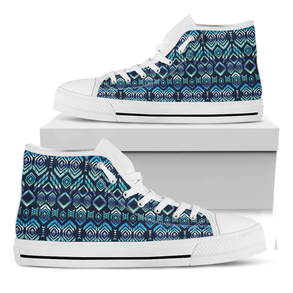Blue Native Aztec Tribal Pattern Print White High Top Shoes