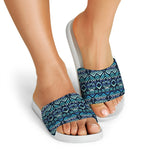 Blue Native Aztec Tribal Pattern Print White Slide Sandals