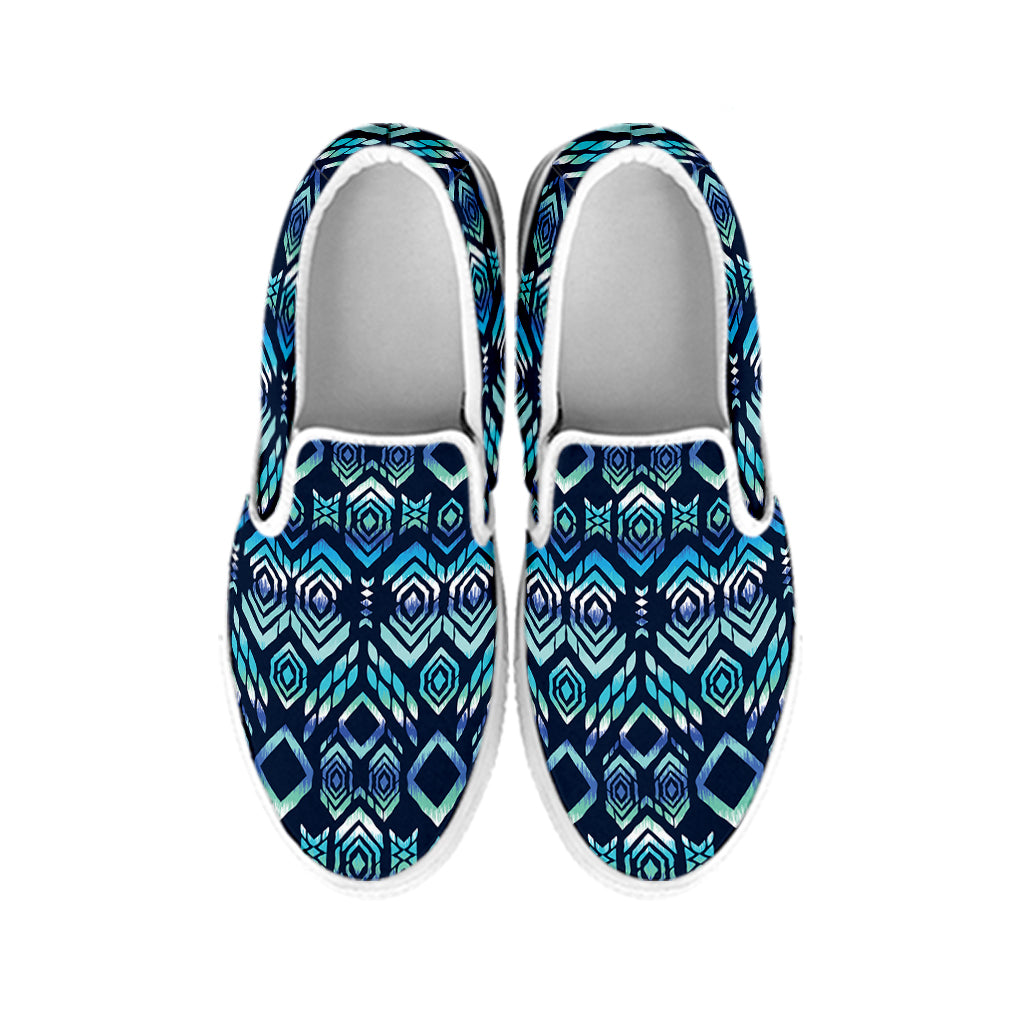 Blue Native Aztec Tribal Pattern Print White Slip On Shoes